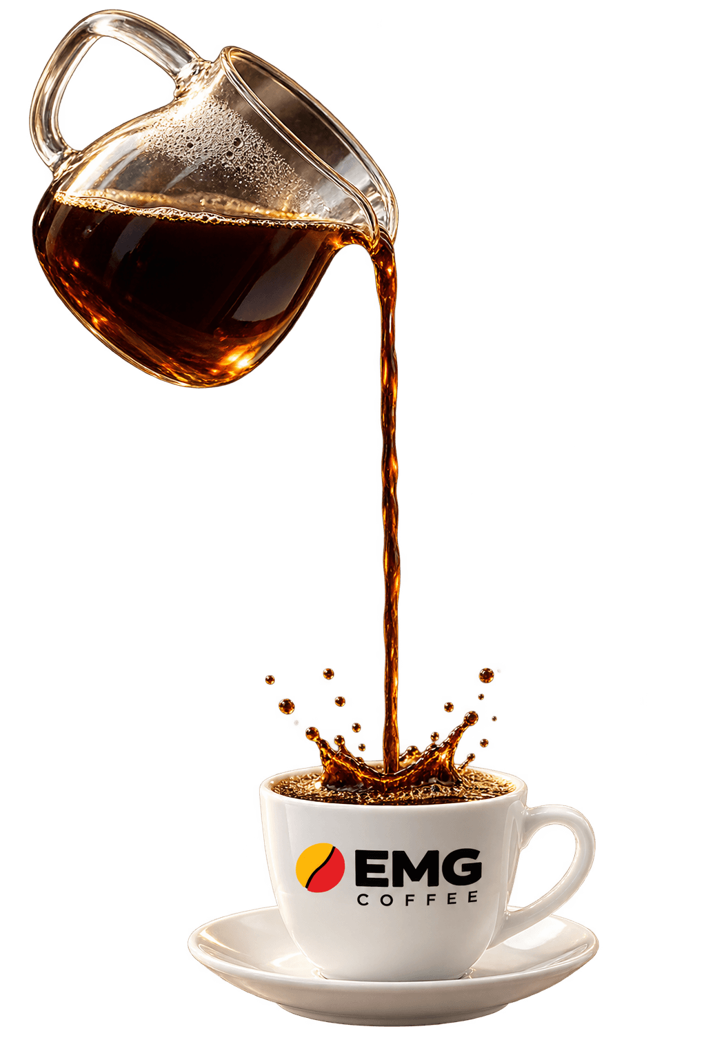 Jarra de vidro despejando um jato contínuo de café que atravessa as duas seções e cai na xícara EMG